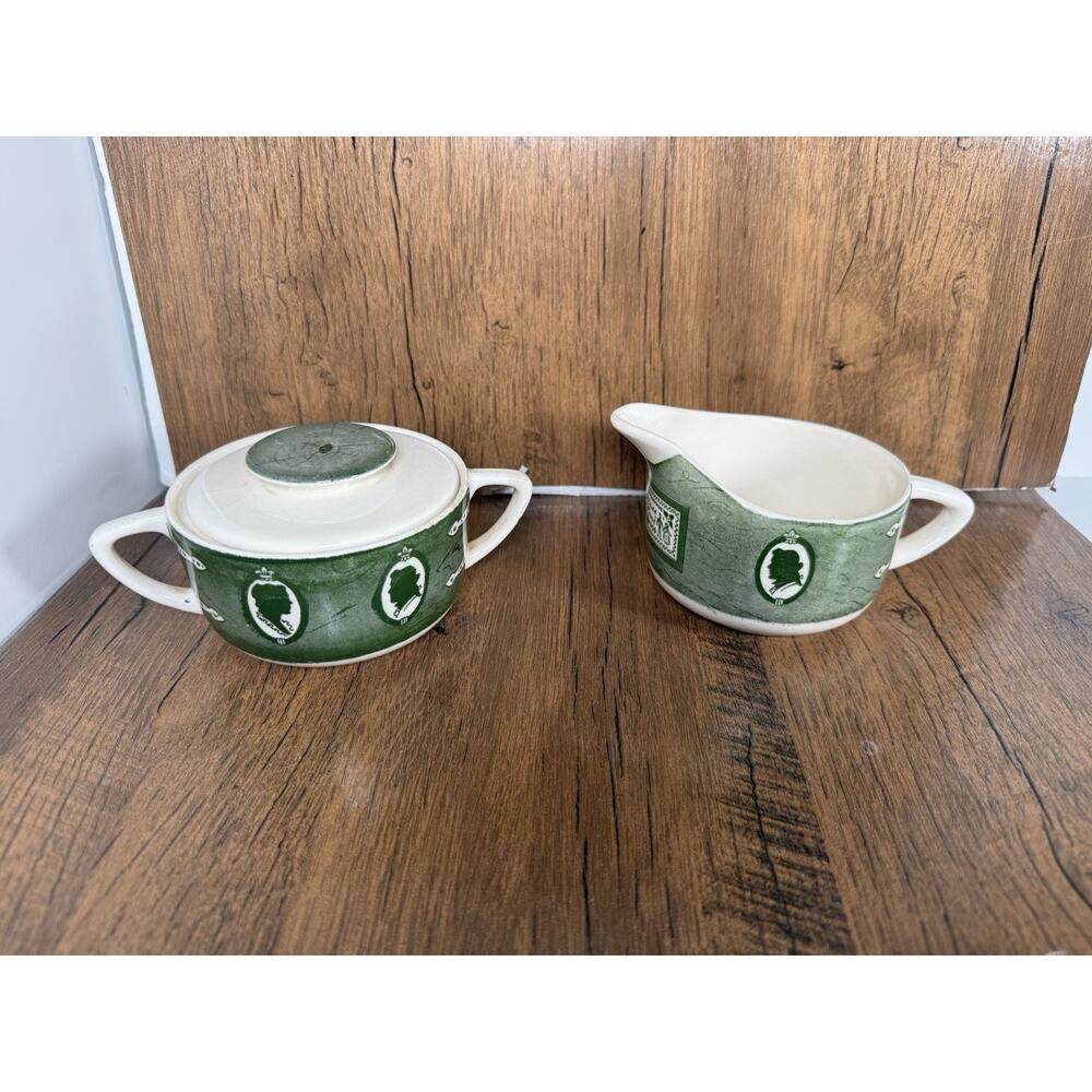 Colonial Homestead By Royal Green And White Creamer And Sugar Bowl With Lid